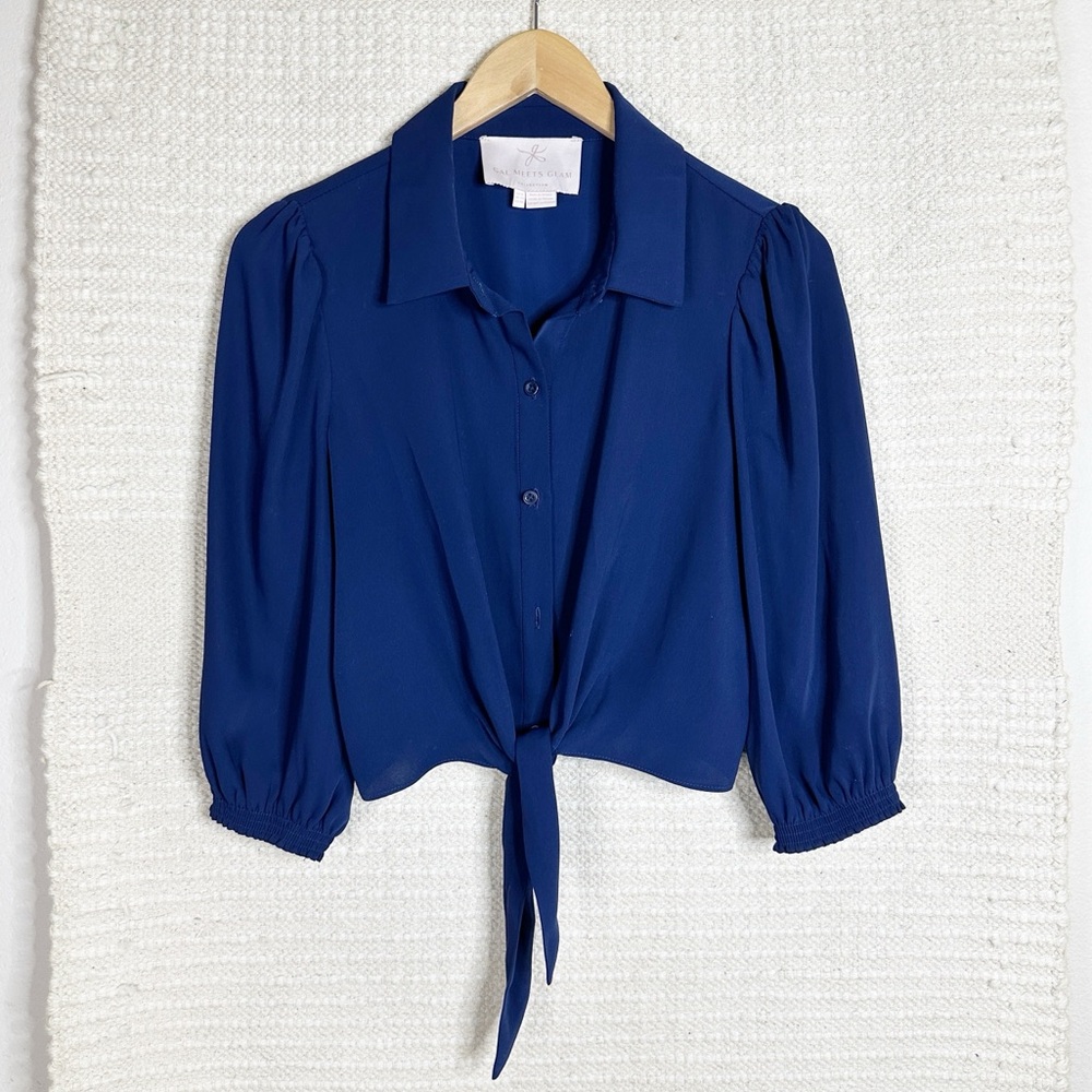 GAL MEETS GLAM navy blue Claudia tie front button up crop top SIZE 8